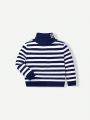 SHEIN Baby Boys' Casual Loose Fit Stripe Turtleneck Pullover Sweater With Long Sleeves