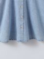 Tween Girl's Casual College Style Light Blue Washed Denim Shirt Dress With Lapel Collar