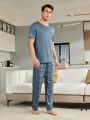 Men'S Plaid Pattern Short Sleeve T-Shirt And Pants Home Wear Set