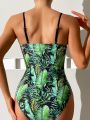 SHEIN Swim Vcay Tropical Print Patchwork Hollow Out Monokini Swimsuit