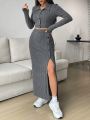 SHEIN EZwear Solid Button Front Crop Tee & Split Thigh Skirt