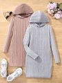 SHEIN Kids Y2Kool Tween Girl Athletic Sweet & Cool Pure Color Knitted Hooded Dress, Multiple Pieces Set