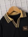 SHEIN Kids Academe Young Boy Letter Patched Striped Trim Polo Shirt