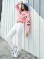 Street Sport Letter Print Cropped Hoodie And Cut-Out Waist Sweatpants Track Set