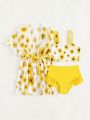 Baby Girl Sunflower Print Ruffle Trim Bikini Swimsuit With Kimono