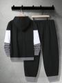 Plus Size Men's Kangaroo Pockets Contrast Drawstring Hoodie And Sweatpants Set
