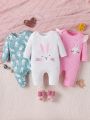 SHEIN Newborn Baby Girls' Comfortable Jumpsuit With Rabbit Printed & Ribbed, 3pcs/Set