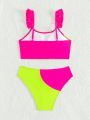 Teen Girl'S Color Block Bikini Set With Ruffle Trim