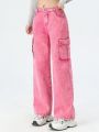 Teen Girls' Retro American High Street Style Loose Fit Comfortable Pink Denim Wide Leg Pants With Multi-pocket Design