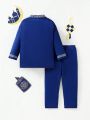 Baby Boy 2pcs/Set Spring Summer Outfits, With Printed Top And Solid Color Pants, Suitable For Holidays, Cute, Elegant, And Casual