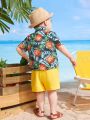 SHEIN Baby Boy's Casual Pineapple Pattern Short Sleeve Shirt And Solid Color Shorts Set For Summer Holiday