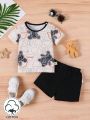 Baby Boys' Streetwear Style Short Sleeve Top With Teddy Bear & Letter Print And Solid Color Shorts Outfit