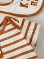 Baby Boy Street-Style Striped Romper, Solid Color Shorts, Letter Printed Bib Set