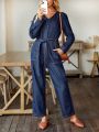 SHEIN LUNE Long Sleeve V-neck Denim Jumpsuit With Buttons