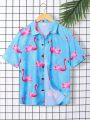 SHEIN Teen Boys' Casual All-Over Flamingo Print Short Sleeve Button-Up Shirt For Holidays