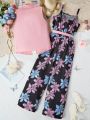 Teen Girls' Elegant Floral Print Spaghetti Strap Jumpsuit And Solid Color Top Two Piece Set For Vacation
