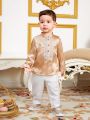 SHEIN Baby Boys' Paisley Print Shirt With Stand Collar And Embroidery Detail
