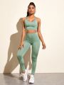 SHEIN 2pcs Seamless Yoga Set Gym Suit Criss Cross Crop Sports Tank Top & Leggings