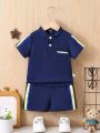 Baby Boys' Fashionable And Comfortable Striped Polo Shirt And Shorts Set With Artistic Design