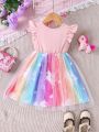 SHEIN Kids CHARMNG Young Girl Colorful Unicorn Printed Mesh Dress For Spring And Summer