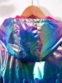 SHEIN Kids SPRTY Tween Girl Holographic Teddy Lined Zip Up Hooded Jacket
