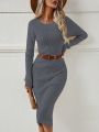 SHEIN LUNE Solid Ribbed Knit Sweater Dress Without Belt