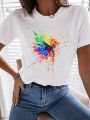 Plus Size Women'S Colorful Printed Round Neck T-Shirt With Front Panel