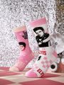 Elvis Presley X SHEIN 2 Pairs Women's Knee High Socks, Pink