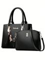 Women's Black Letter Patchwork Pu Leather Minimalist And Elegant Combination Bag With Pendant And Multiple Pockets, Convertible Shoulder Strap For Handbag/crossbody Bag/wallet, Large Capacity And Zipper Closure