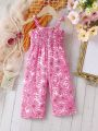 Summer New Arrival Baby Girl Casual Floral Printed Overall Jumpsuit With Lovely Tie Shoulder Straps
