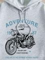 Men's Motocycle Printed Hoodie With Slogan & Drawstring Waist Sweatpants Set