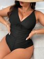 SHEIN Swim Basics Plus Size Solid Color V-Neck Tie-Up Ruched One Piece Swimsuit