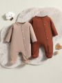 SHEIN Baby Boys' Long Sleeves Jumpsuit With Pure Color, 2pcs/Set Casual Home Wear