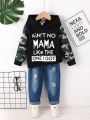 Toddler Boys' Comfortable Casual Camo Hoodie And Distressed Jeans Set