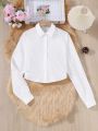 SHEIN Teen Girls' Woven Solid Color Bow Tie & Pleated Casual Shirt