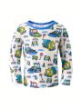 2pcs/set Toddler Boys' Comfortable Round Neck Car Printed Home Wear With Long Sleeve Top And Long Pants, For Spring, Autumn & Winter