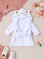 SHEIN Baby Girl Cartoon Embroidery 3D Ear Design Hooded Belted Costume Robe