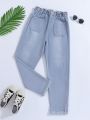 Tween Girl Paperbag Waist Pocket Patched Jeans