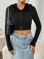 SHEIN Essnce Women's Short Cut Buttoned Cardigan With Furry Collar