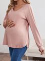 SHEIN Maternity Solid Color Raglan Sleeve Slit Hem T-shirt