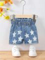 Baby Girl's Casual And Cute Star Printed Denim Shorts With Rolled Hem And Flower Bud Waist