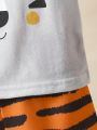Baby Boys' Summer Cute, Loose And Comfortable Tiger Head Printed Short Sleeve T-shirt And Animal Print Shorts Set