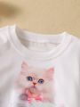SHEIN Kids Y2Kool Little Girls' Cat Patterned Round Neck Long Sleeve Casual Sweatshirt