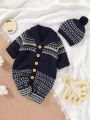 Baby Boys' Geometric Pattern Sweater Romper With Hat
