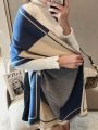 1pc Blue Women Cashmere Feeling Color Block Long Shawl Scarf, Geometric Pattern Keep Warm Wool Fashion Scarf For Autumn Winter Daily Life Evening Dresses Travel Office Winter Wedding and gift