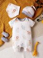 Infant Girls' Cute Starry Sky & Animal Printed Jumpsuit With Hat, Gloves, Bib Set