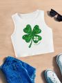 Teen Girl Casual Sleeveless Clover Pattern Vest Top, Suitable For Summer