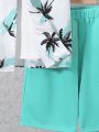 SHEIN Kids SUNSHNE Boys' Tropical Print Resort Wear Camp Collar Short Sleeve Woven Shirt & Solid Knit Shorts Set