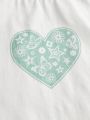 SHEIN Teen Girl Knitted Patchwork Raglan Short Sleeve Heart Printed Casual T-Shirt