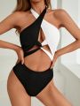 SHEIN Swim Chicsea Cut Out Detail Color Block Halterneck One-Piece Swimsuit